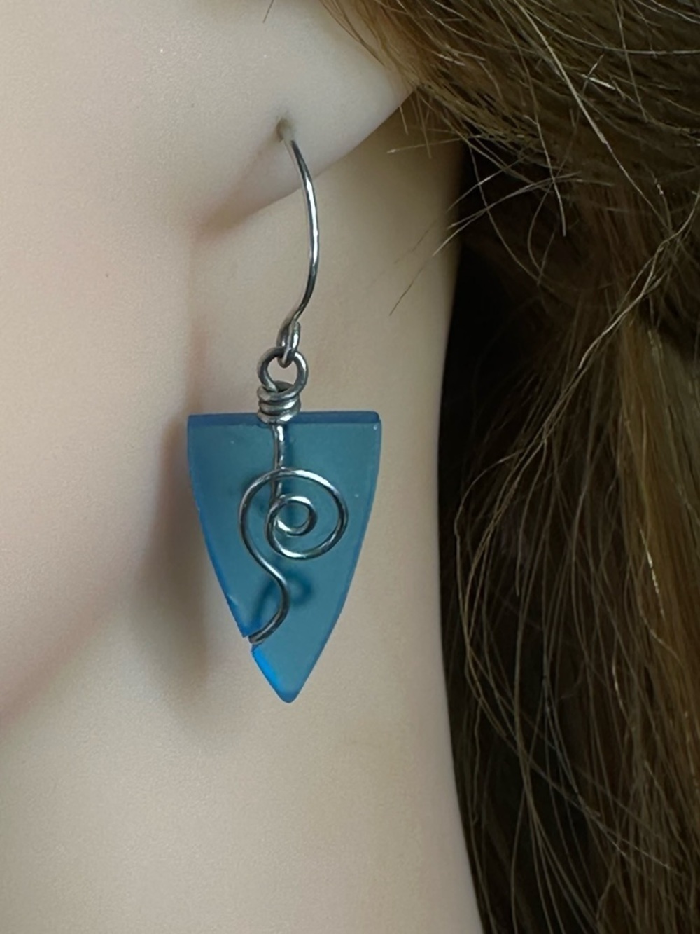 Blue Sea Glass Wire Wrapped Dangle Earrings Sterling Silver Hooks